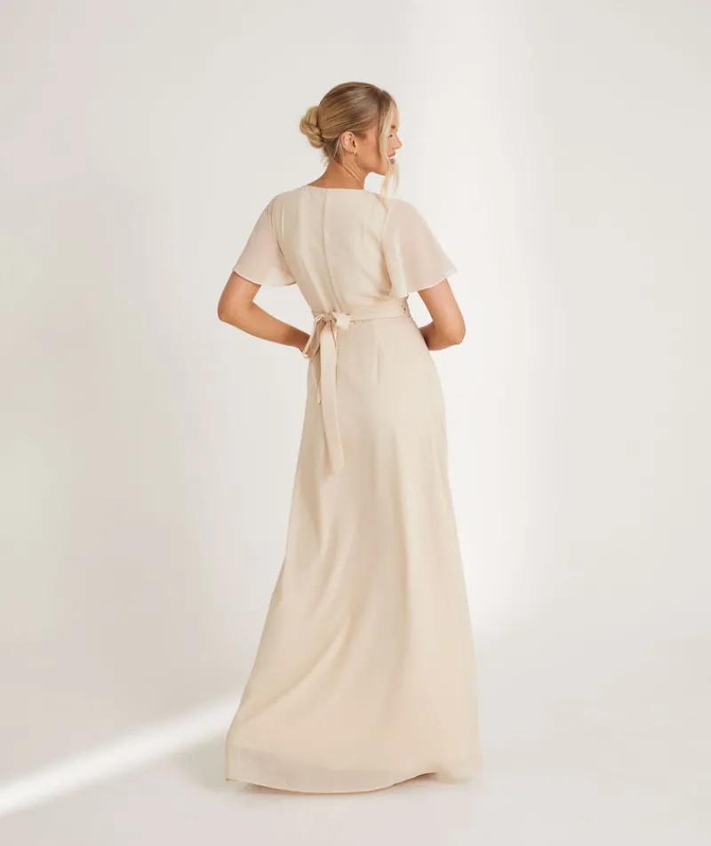 Hot Six Stories Flutter Sleeve Wrap Tie Chiffon Bridesmaid Dress - Butter Cream