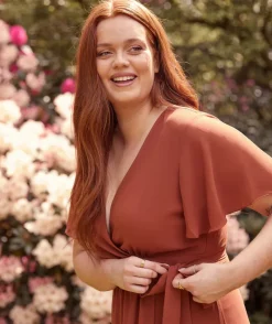 Sale Six Stories Flutter Sleeve Wrap Tie Chiffon Bridesmaid Dress - Rust