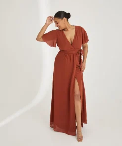 Sale Six Stories Flutter Sleeve Wrap Tie Chiffon Bridesmaid Dress - Rust