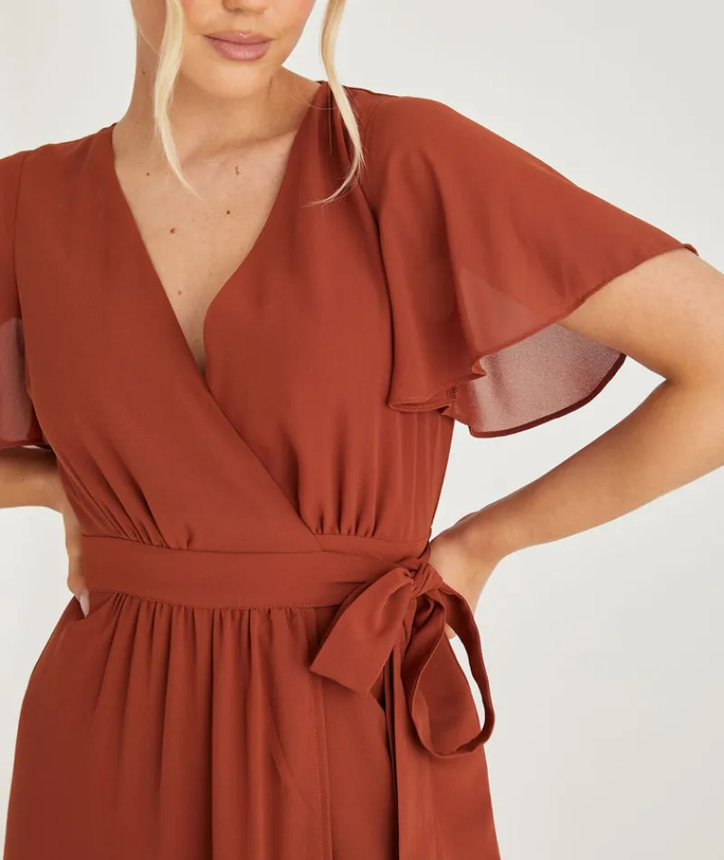 Sale Six Stories Flutter Sleeve Wrap Tie Chiffon Bridesmaid Dress - Rust