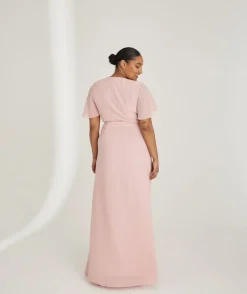 Online Six Stories Flutter Sleeve Wrap Tie Chiffon Bridesmaid Dress - Peony Pink