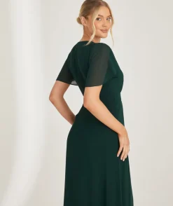 Six Stories Flutter Sleeve Wrap Tie Chiffon Bridesmaid Dress - Emerald