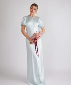 Sale Six Stories Gathered Bust Flutter Sleeve Satin Bridesmaid Dress - Ice Blue