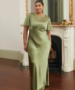 Online Six Stories Gathered Bust Flutter Sleeve Satin Bridesmaid Dress - Moss Green