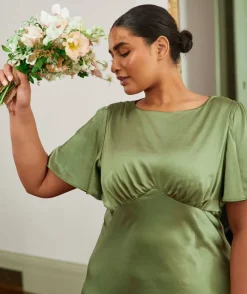 Online Six Stories Gathered Bust Flutter Sleeve Satin Bridesmaid Dress - Moss Green