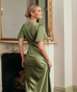 Online Six Stories Gathered Bust Flutter Sleeve Satin Bridesmaid Dress - Moss Green