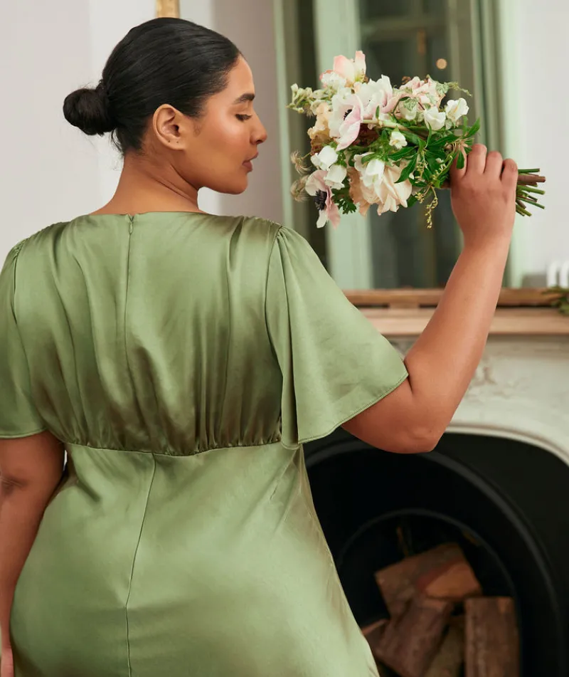 Online Six Stories Gathered Bust Flutter Sleeve Satin Bridesmaid Dress - Moss Green