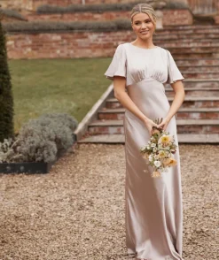 Online Six Stories Gathered Bust Flutter Sleeve Satin Bridesmaid Dress - Oyster