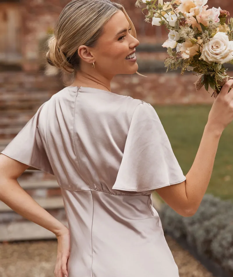 Online Six Stories Gathered Bust Flutter Sleeve Satin Bridesmaid Dress - Oyster