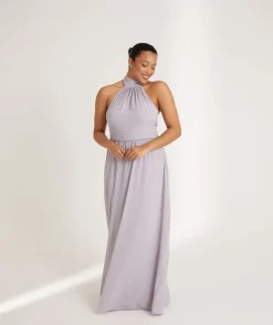Online Six Stories Halter Neck Pleated Waist Chiffon Bridesmaid Dress - Dusty Lilac