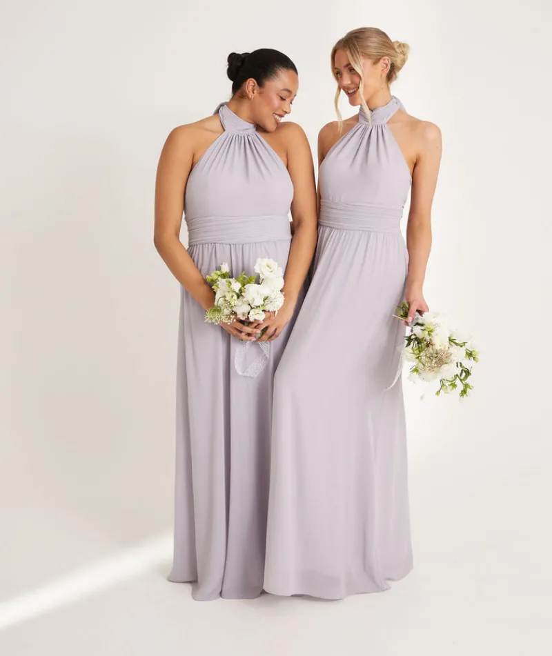 Online Six Stories Halter Neck Pleated Waist Chiffon Bridesmaid Dress - Dusty Lilac