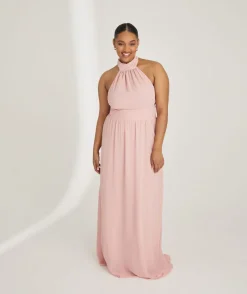 Outlet Six Stories Halter Neck Pleated Waist Chiffon Bridesmaid Dress - Peony Pink
