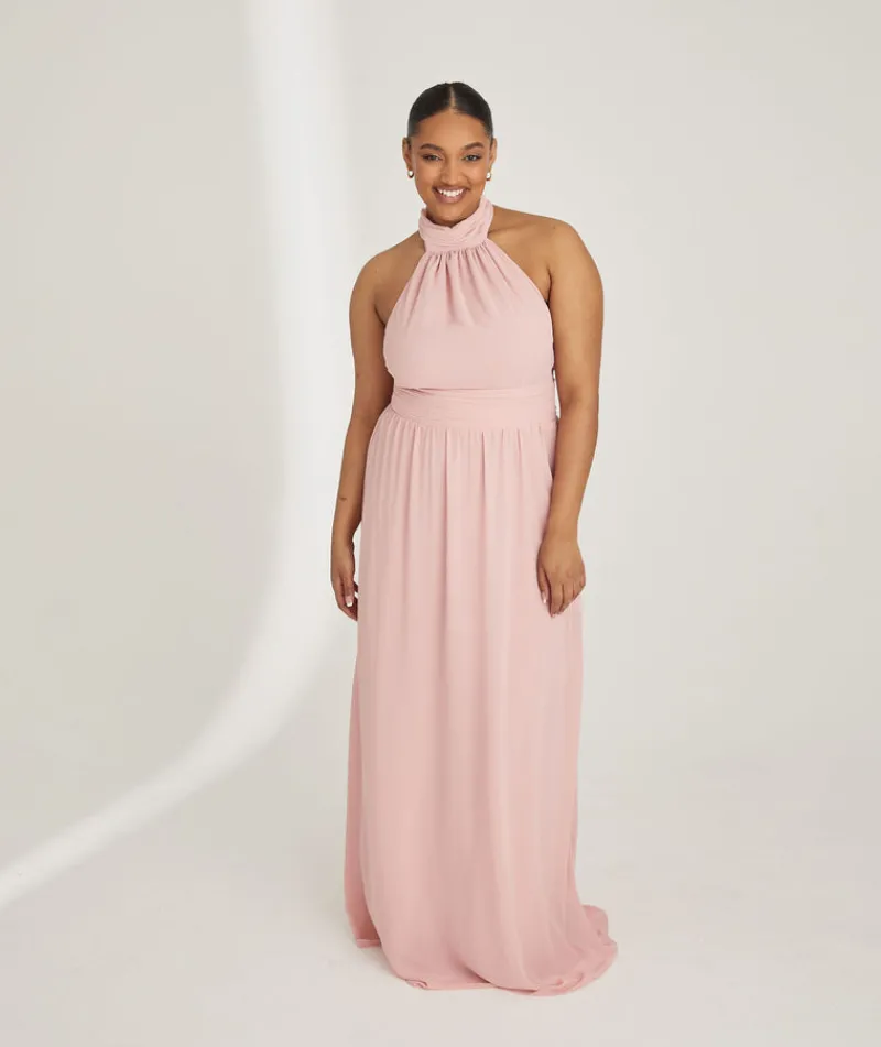 Outlet Six Stories Halter Neck Pleated Waist Chiffon Bridesmaid Dress - Peony Pink