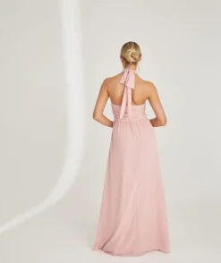 Outlet Six Stories Halter Neck Pleated Waist Chiffon Bridesmaid Dress - Peony Pink