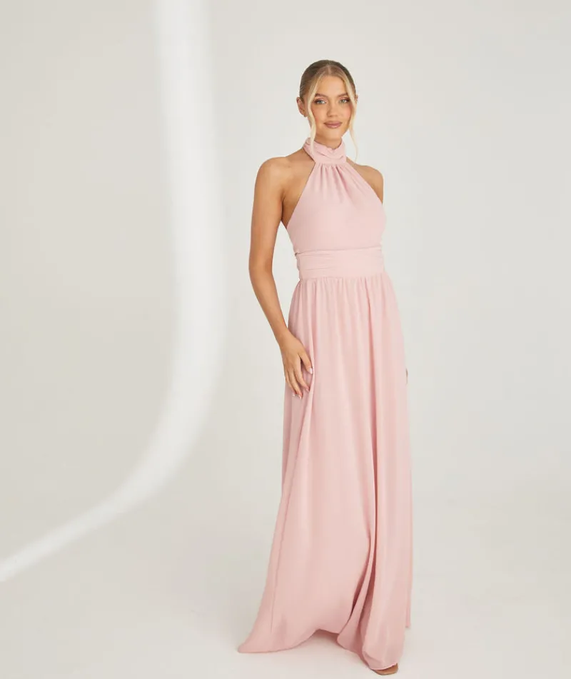 Outlet Six Stories Halter Neck Pleated Waist Chiffon Bridesmaid Dress - Peony Pink