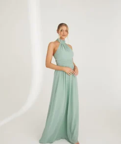 Six Stories Halter Neck Pleated Waist Chiffon Bridesmaid Dress - Sage