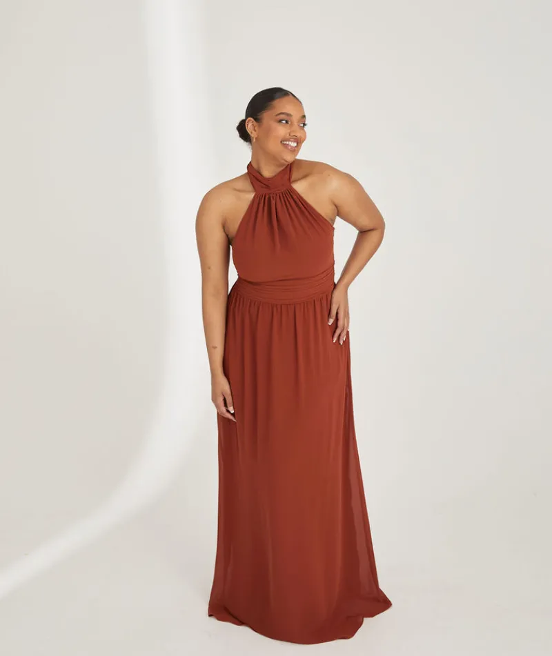 Six Stories Halter Neck Pleated Waist Chiffon Bridesmaid Dress - Rust