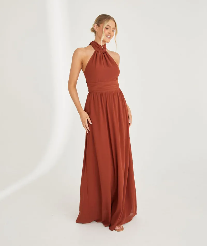 Six Stories Halter Neck Pleated Waist Chiffon Bridesmaid Dress - Rust