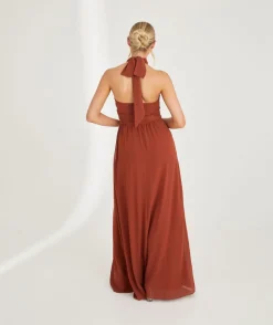 Six Stories Halter Neck Pleated Waist Chiffon Bridesmaid Dress - Rust