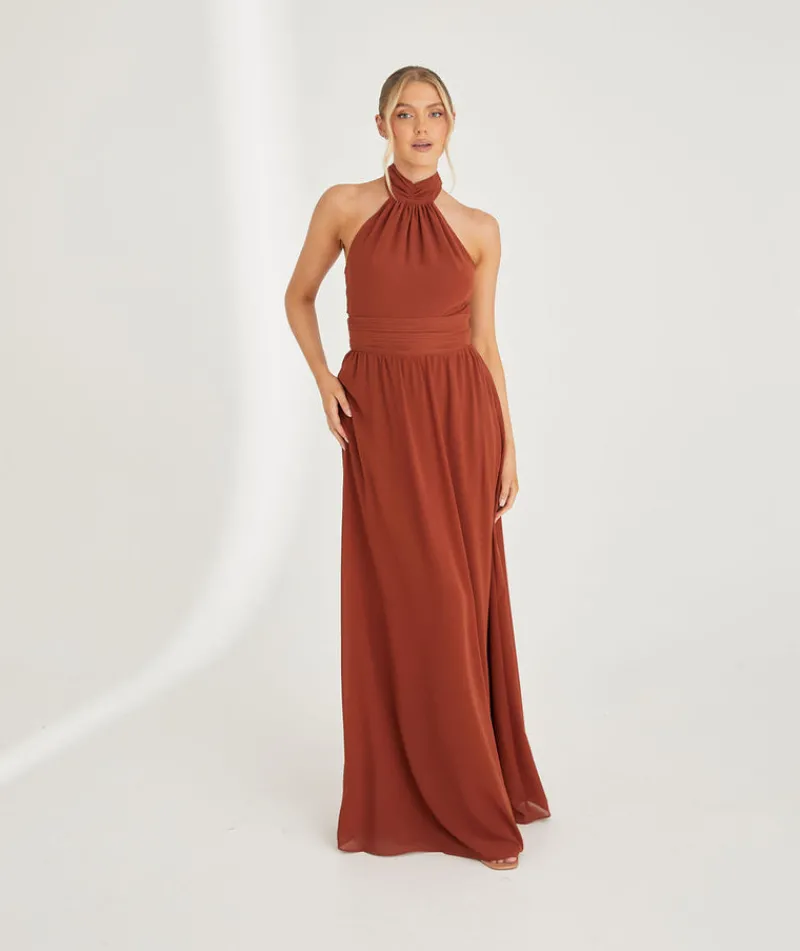 Six Stories Halter Neck Pleated Waist Chiffon Bridesmaid Dress - Rust