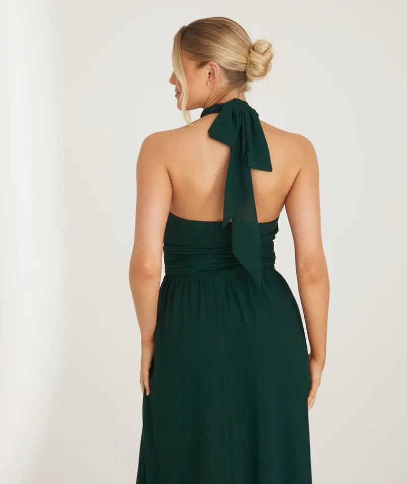 Six Stories Halter Neck Pleated Waist Chiffon Bridesmaid Dress - Emerald