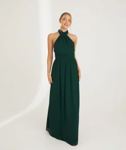 Six Stories Halter Neck Pleated Waist Chiffon Bridesmaid Dress - Emerald