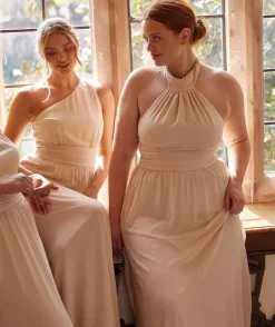 Best Six Stories Halter Neck Pleated Waist Chiffon Bridesmaid Dress - Butter Cream