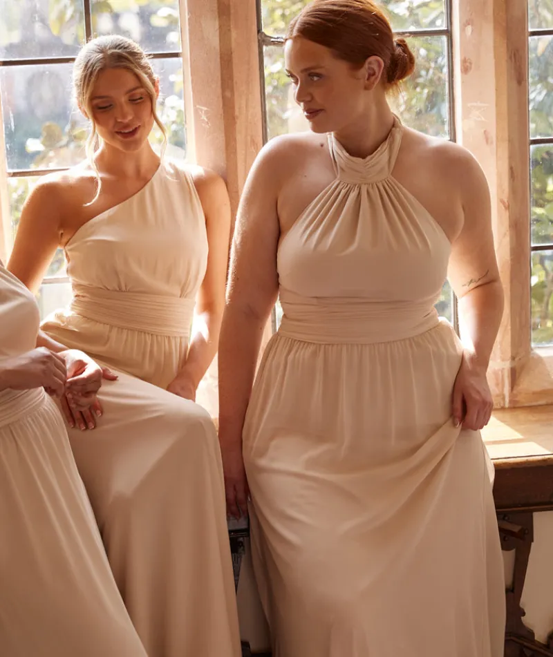 Best Six Stories Halter Neck Pleated Waist Chiffon Bridesmaid Dress - Butter Cream