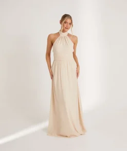 Best Six Stories Halter Neck Pleated Waist Chiffon Bridesmaid Dress - Butter Cream