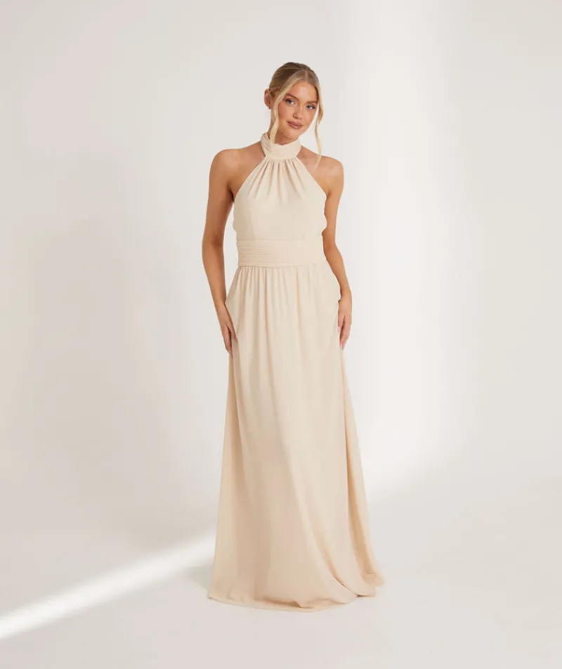 Best Six Stories Halter Neck Pleated Waist Chiffon Bridesmaid Dress - Butter Cream
