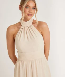 Best Six Stories Halter Neck Pleated Waist Chiffon Bridesmaid Dress - Butter Cream