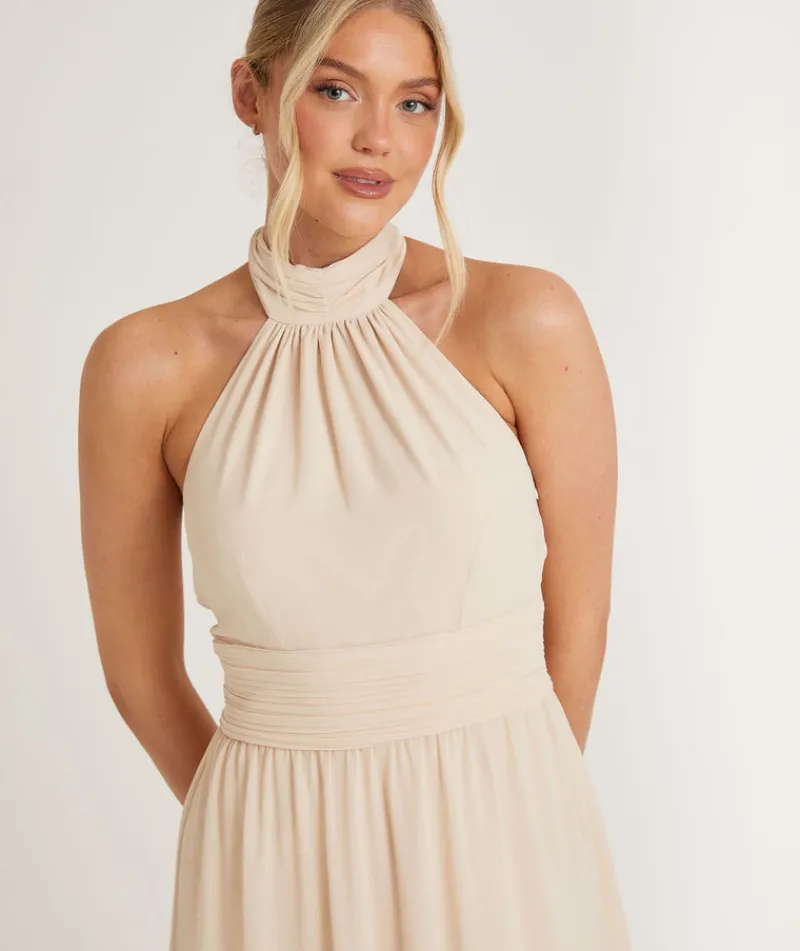 Best Six Stories Halter Neck Pleated Waist Chiffon Bridesmaid Dress - Butter Cream