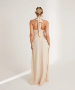 Best Six Stories Halter Neck Pleated Waist Chiffon Bridesmaid Dress - Butter Cream
