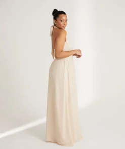 Best Six Stories Halter Neck Pleated Waist Chiffon Bridesmaid Dress - Butter Cream