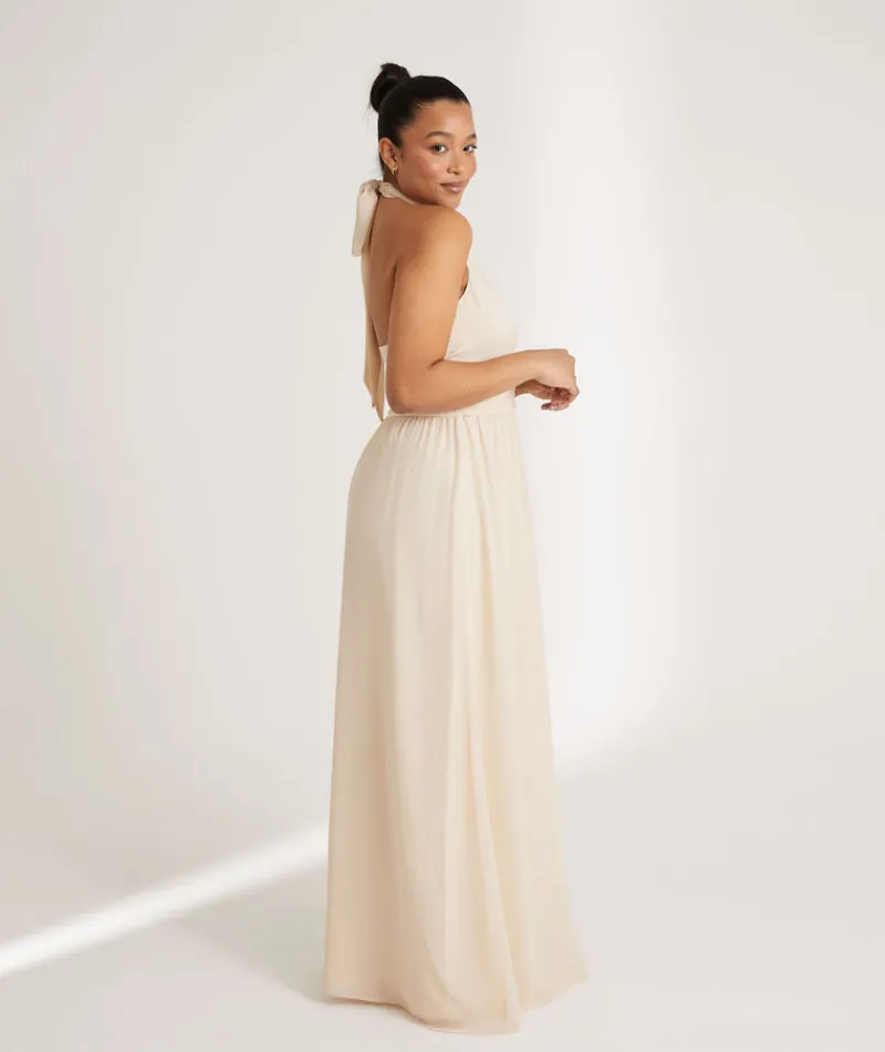 Best Six Stories Halter Neck Pleated Waist Chiffon Bridesmaid Dress - Butter Cream