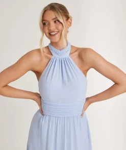 Hot Six Stories Halter Neck Pleated Waist Chiffon Bridesmaid Dress - Cornflower Blue