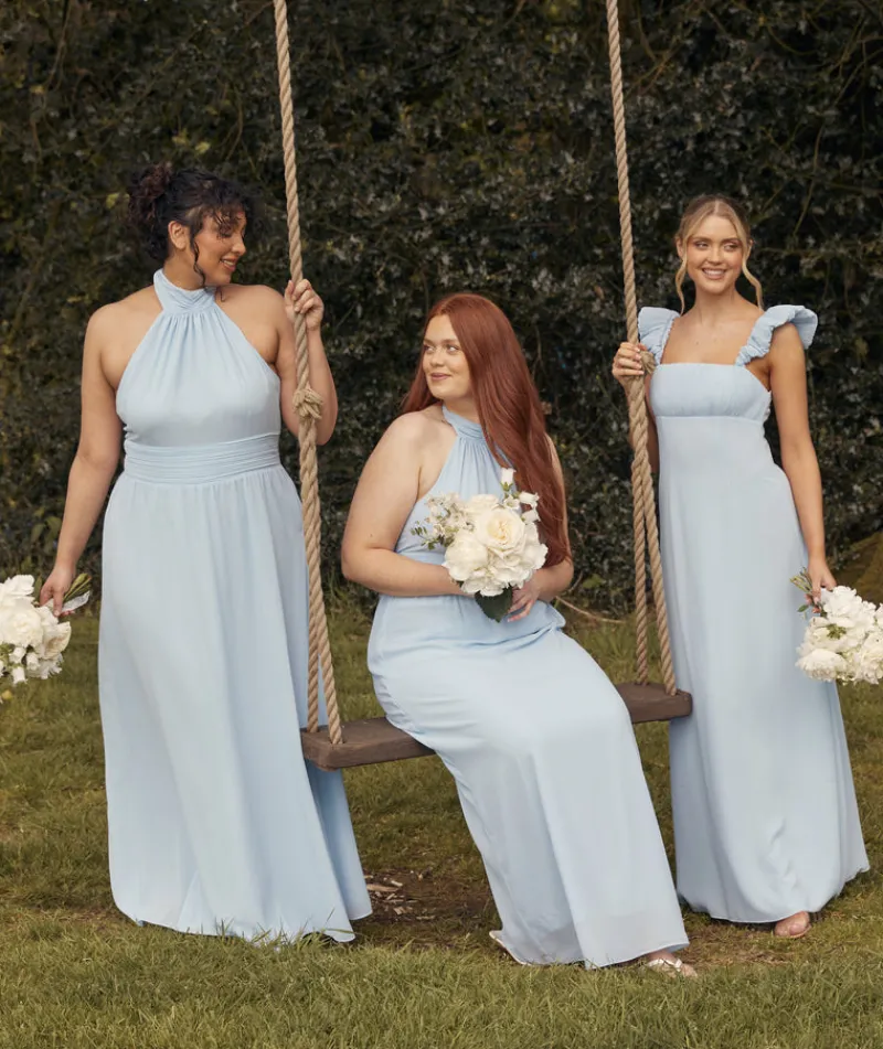Hot Six Stories Halter Neck Pleated Waist Chiffon Bridesmaid Dress - Cornflower Blue