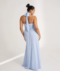 Hot Six Stories Halter Neck Pleated Waist Chiffon Bridesmaid Dress - Cornflower Blue