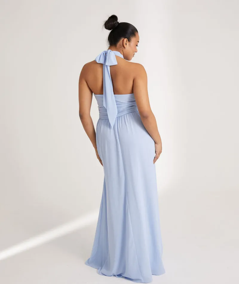 Hot Six Stories Halter Neck Pleated Waist Chiffon Bridesmaid Dress - Cornflower Blue