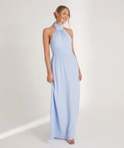 Hot Six Stories Halter Neck Pleated Waist Chiffon Bridesmaid Dress - Cornflower Blue