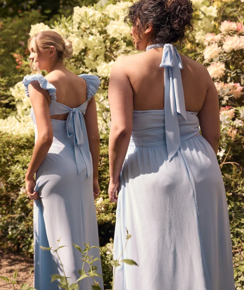 Hot Six Stories Halter Neck Pleated Waist Chiffon Bridesmaid Dress - Cornflower Blue