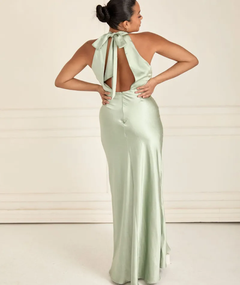 Online Six Stories Halter Neck Satin Bridesmaid Dress - Sage