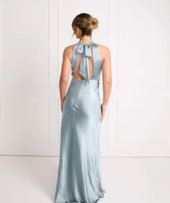 Best Six Stories Halter Neck Satin Bridesmaid Dress - Dusty Blue