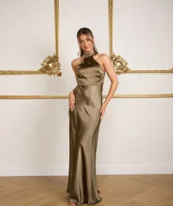 Best Six Stories Halter Neck Satin Bridesmaid Dress - Olive
