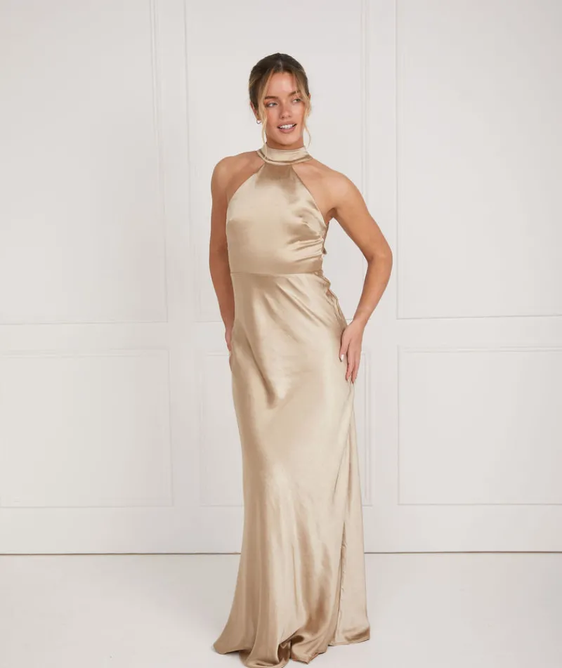 Discount Six Stories Halter Neck Satin Bridesmaid Dress - Champagne