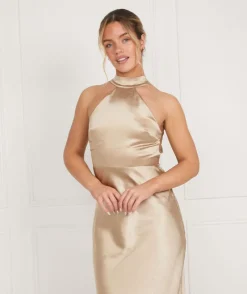 Discount Six Stories Halter Neck Satin Bridesmaid Dress - Champagne