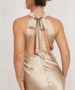 Discount Six Stories Halter Neck Satin Bridesmaid Dress - Champagne