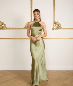 Online Six Stories Halter Neck Satin Bridesmaid Dress - Moss Green