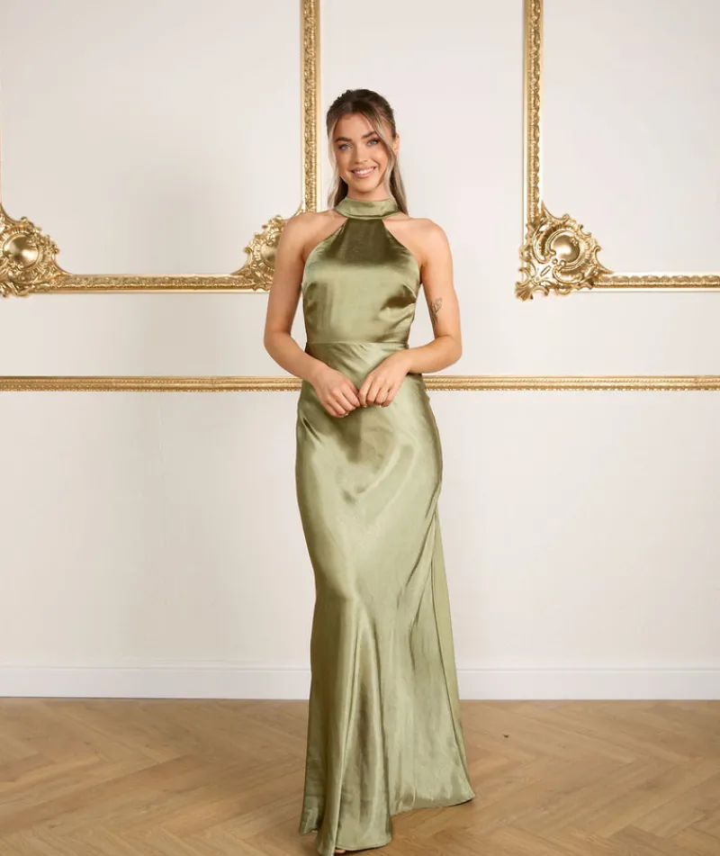 Online Six Stories Halter Neck Satin Bridesmaid Dress - Moss Green