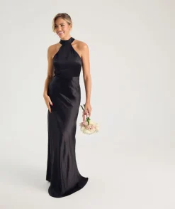 Six Stories Halter Neck Satin Bridesmaid Dress - Black